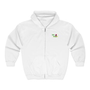 Rob's Voiceover Full-Zip Hooded Sweatshirt (Since 2019) is a white hoodie with front pockets, featuring a small "Stay Wild" text and a red rose graphic on the left chest.