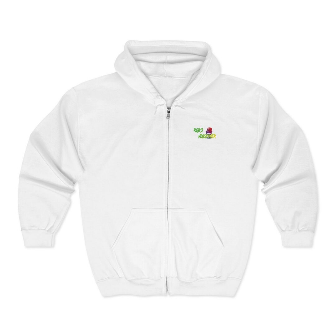 Rob's Voiceover Full-Zip Hooded Sweatshirt (Since 2019) is a white hoodie with front pockets, featuring a small "Stay Wild" text and a red rose graphic on the left chest.