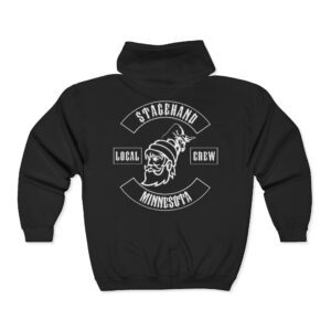 The Minnesota Stagehand Crew Zip Hoodie features a white graphic of a beanie-wearing face on the back, with "Stagehand Local Crew Minnesota" encircling the design.