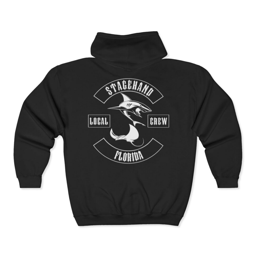 The Florida Stagehand Crew Zip Hoodie features a white bird graphic and "Stagehand Local Crew Florida" in bold on the back.