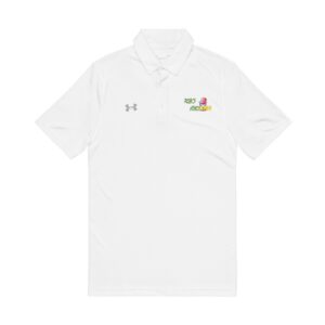 The Men's Embroidered Golf Polo is a white short-sleeve Under Armour shirt with a collar, three buttons, and an embroidered "Rob's Monster" logo on the left chest.