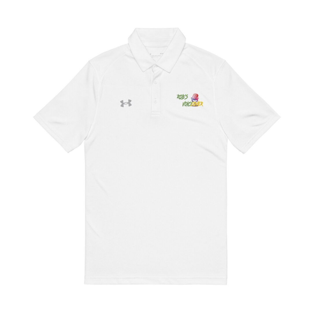 The Men's Embroidered Golf Polo is a white short-sleeve Under Armour shirt with a collar, three buttons, and an embroidered "Rob's Monster" logo on the left chest.