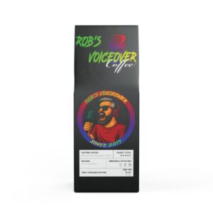 A black coffee bag labeled "Rob's Voiceover Coffee" features a colorful logo of a man with headphones and a microphone, alongside tasting notes and brewing instructions.