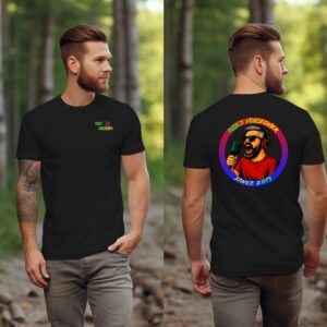 A man outdoors wears a black 'Rob’s Voiceover Since 2019' Retro Microphone Tee featuring "Rob's Voiceover" on the front and a colorful singing graphic with "Since 2019" on the back.