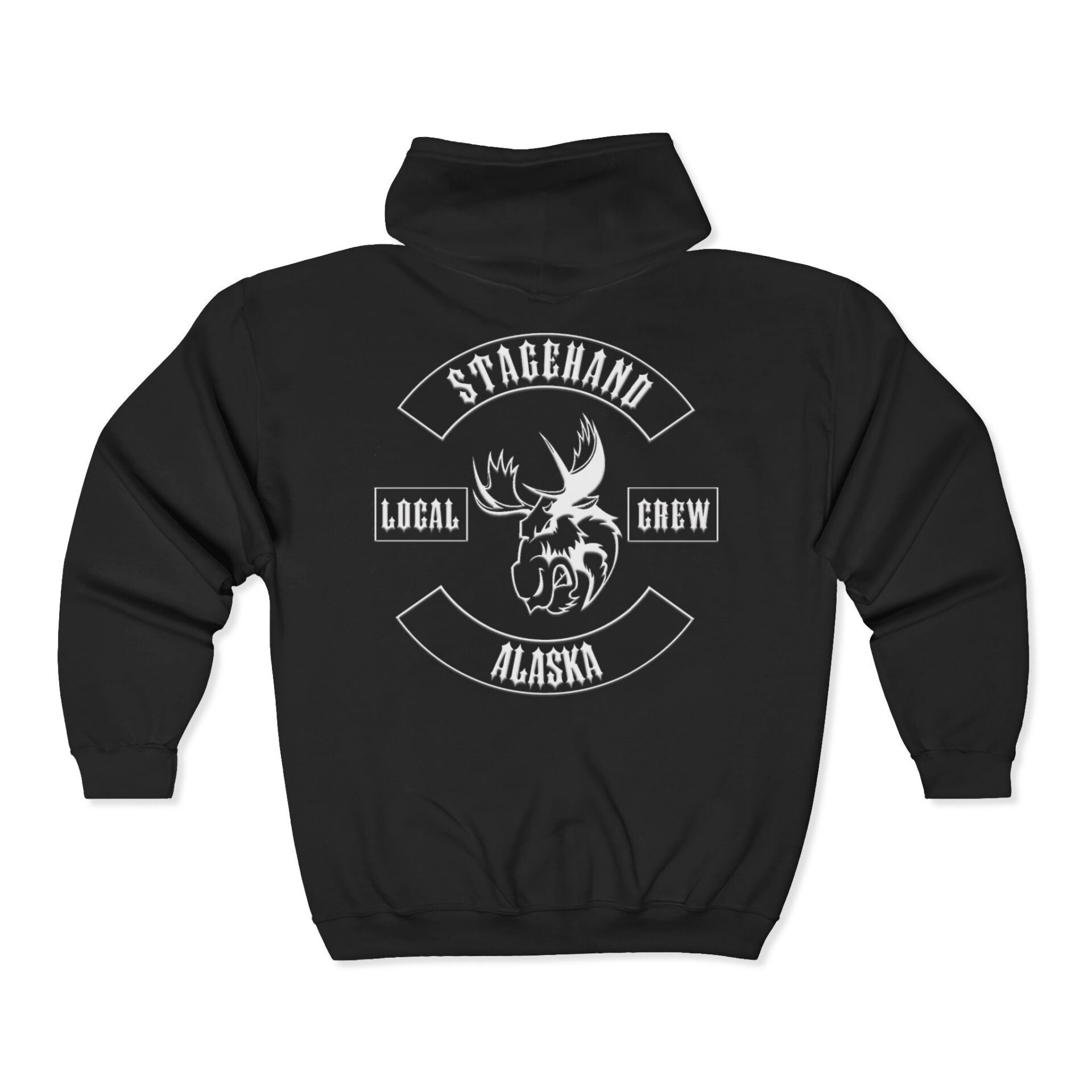 The Alaska Stagehand Crew Zip Hoodie is a black hoodie with a white moose head graphic and the words "Stagehand," "Local Crew," and "Alaska" on the back.